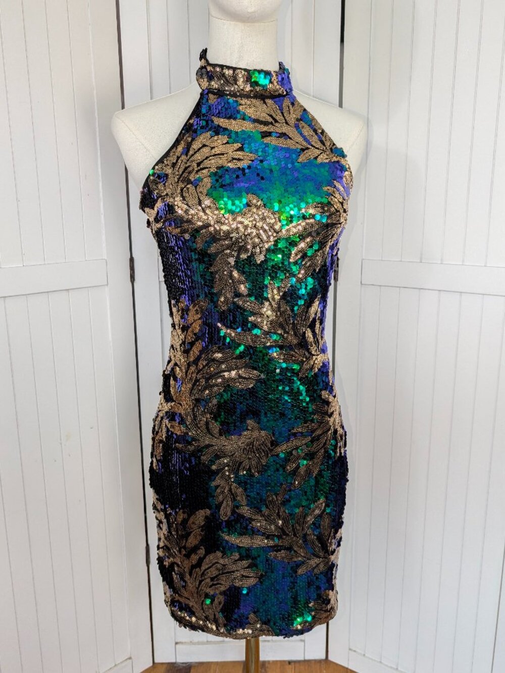 Quiz Sequin Halter Bodycon Mini Dress Blue Green Gold US4 (UK 8) Cocktail Party
